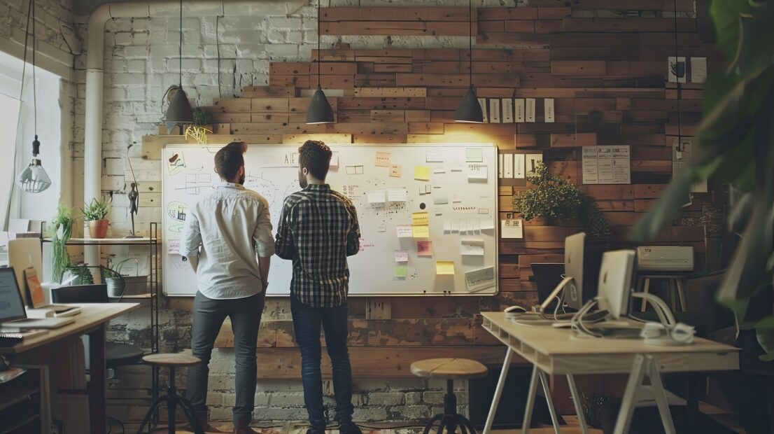 Startup founders brainstorming and collaborating in a casual warm toned workspace with a whiteboard filled with ideas showcasing an optimistic tone for innovation and entrepreneurship