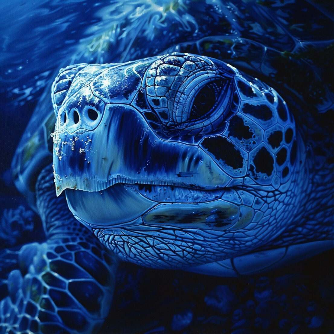 A wise old turtle navigating the deep blue, an ancient mariner's journey